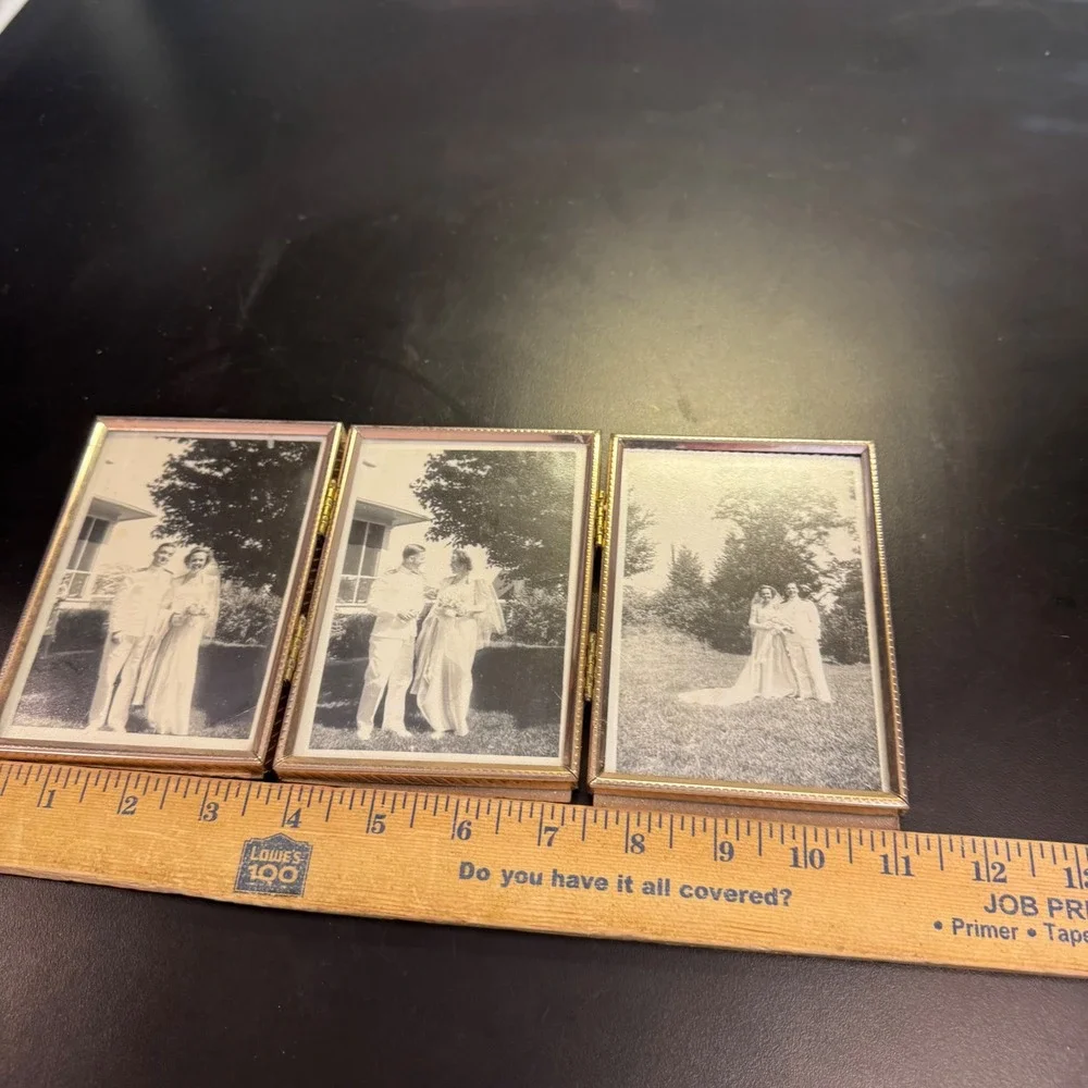 Vintage Triple Folding Picture Frame Gold tone Triptych Hinged Metal